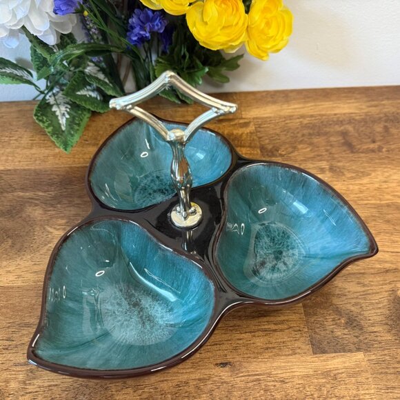 Mid Century Drip Glaze Tri-Leaf Snack Dish Retro Teal Brown Pottery Handle Tray - Picture 3 of 6